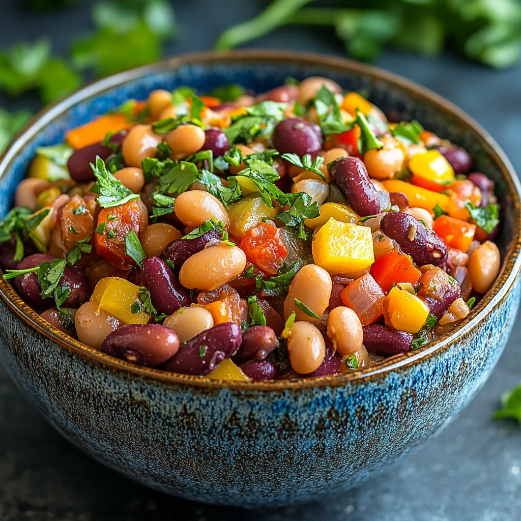 A colorful bowl of canned 4 bean mix with fresh vegetables
