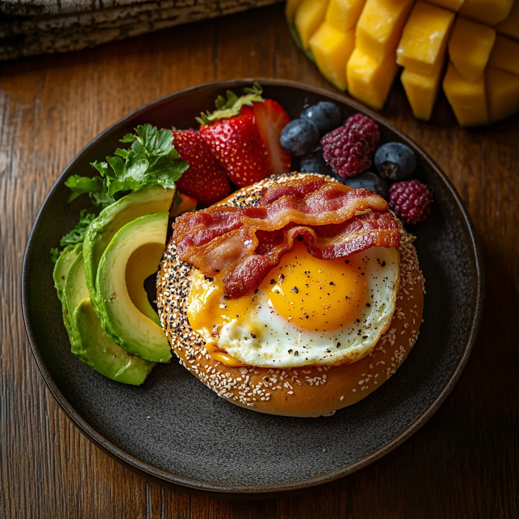 A delicious bacon egg and cheese bagel served with avocado and fruit