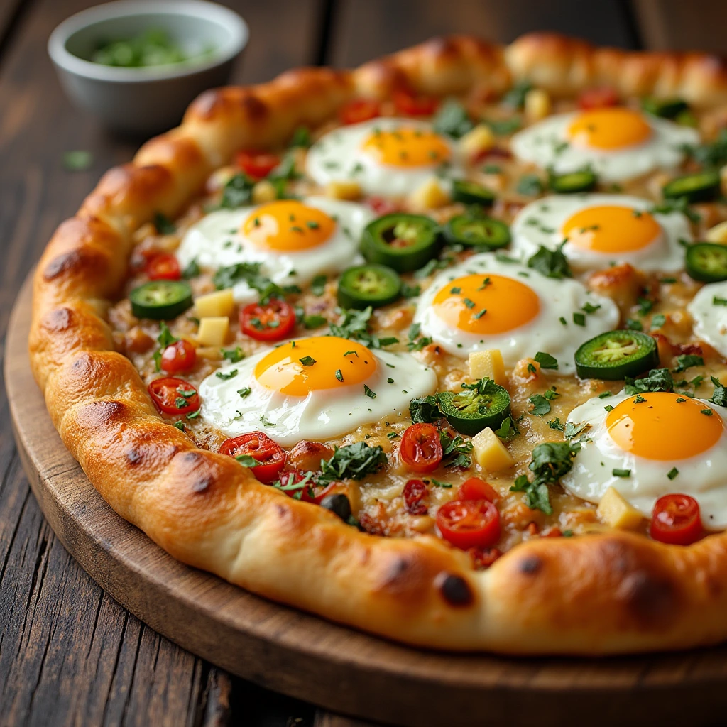 Freshly baked breakfast pizza with colorful toppings.