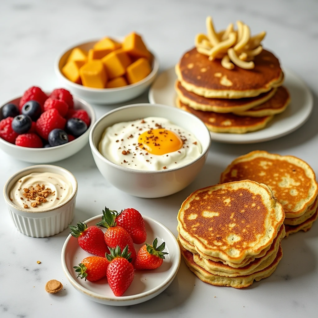 A variety of high protein breakfast dishes on a table