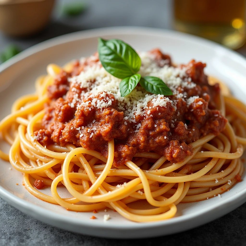 A plate of Spaghetti Bolognese creamy sauce topped with Parmesan cheese