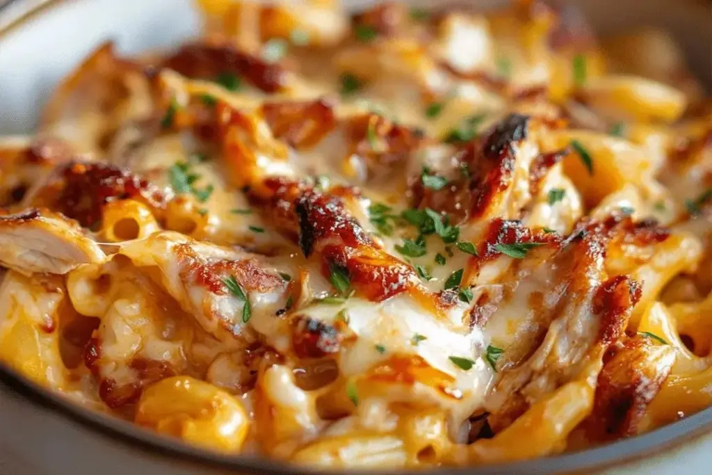 Bowl of BBQ Chicken Mac and Cheese with melted cheese and smoky chicken