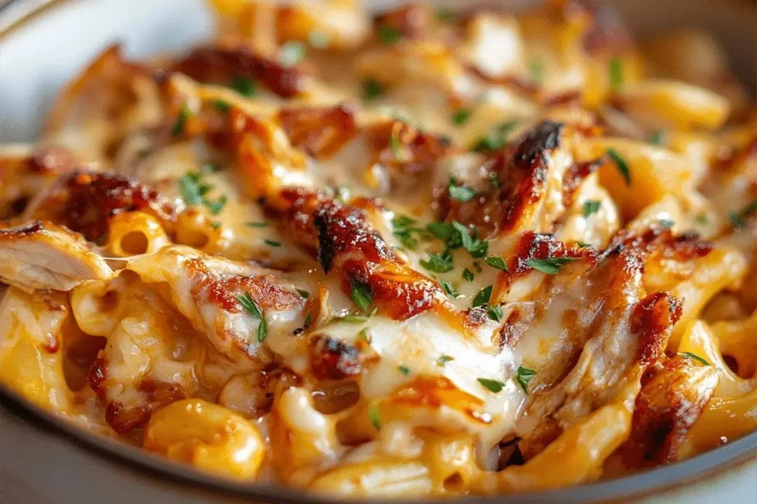 Bowl of BBQ Chicken Mac and Cheese with melted cheese and smoky chicken