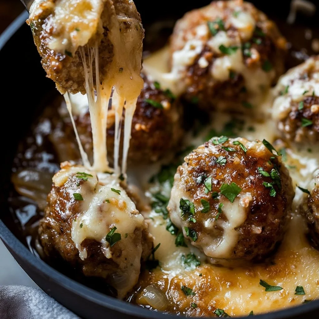 Delicious cheesy French onion meatballs served with melted cheese and caramelized onions