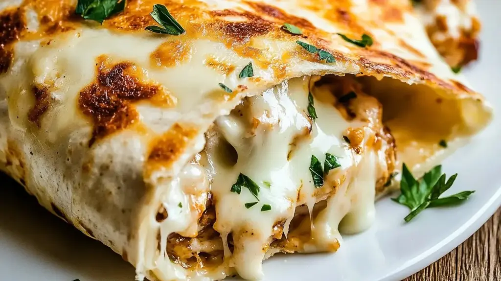 Cheesy garlic chicken wraps filled with melted cheese and garlic flavor