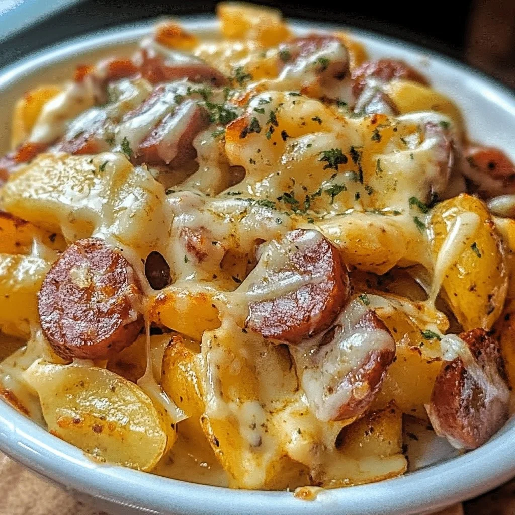 Cheesy Ranch Potatoes with Smoked Sausage in a creamy dish, perfect for comfort food.