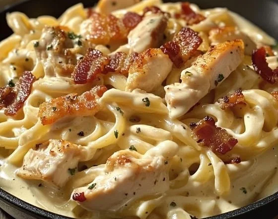 Creamy Chicken Bacon Ranch Pasta served in a bowl with toppings