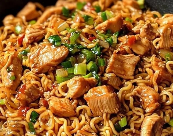 Delicious chicken ramen stir fry served with fresh vegetables.