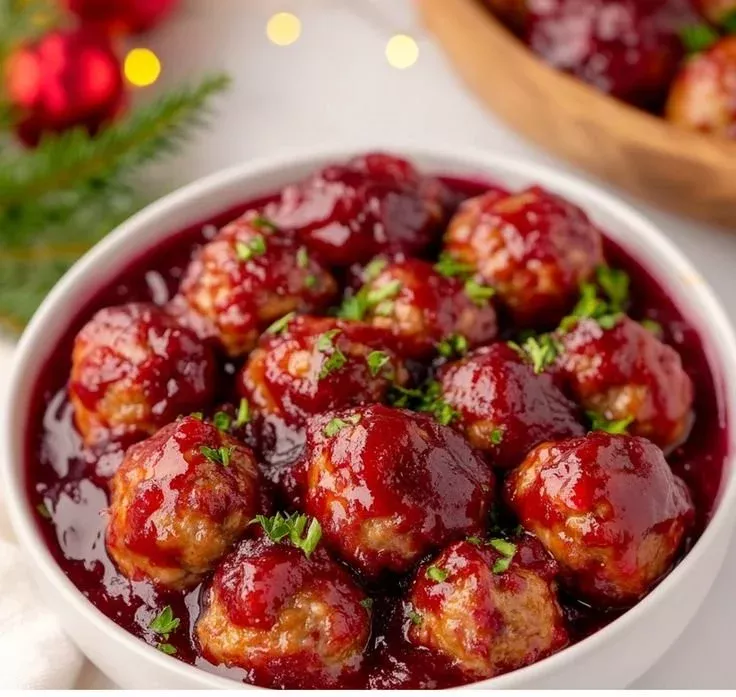 Delicious Christmas cranberry meatballs served on a festive platter