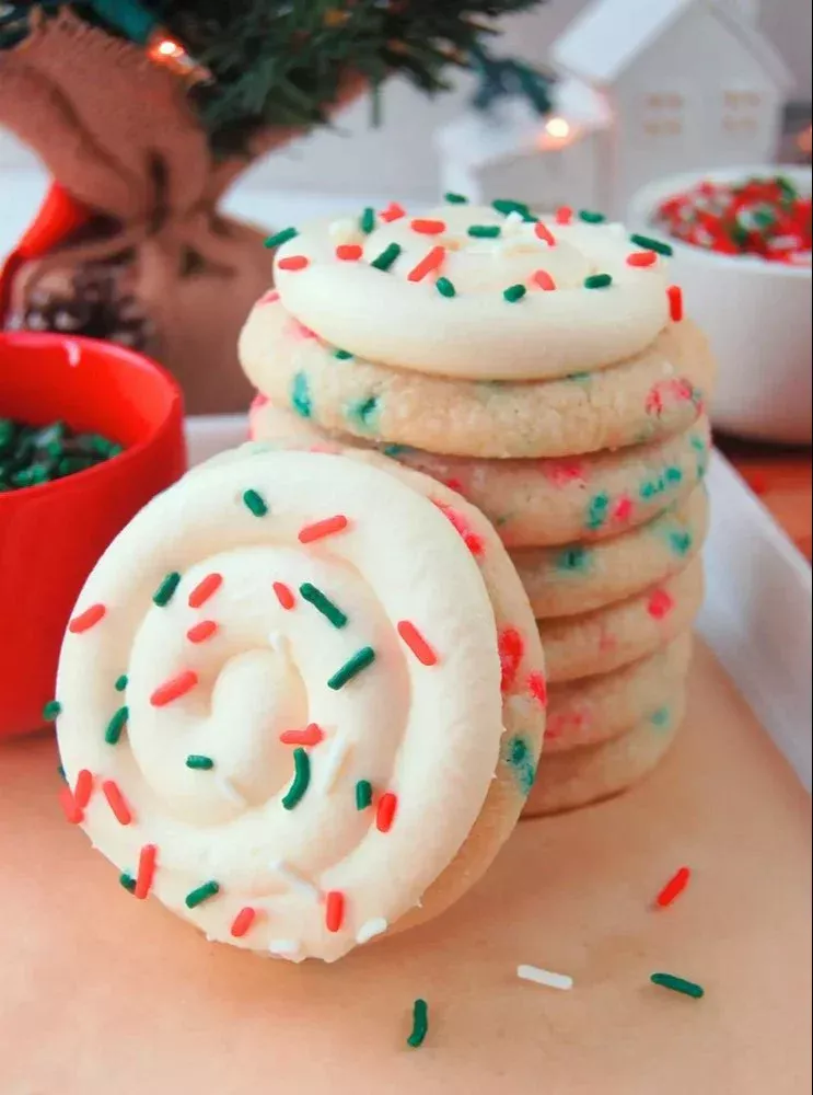 Delicious Christmas sugar cookies decorated for the holiday season.