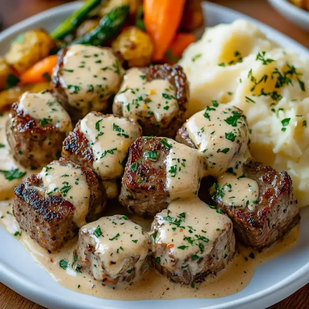 Garlic Butter Steak Bites served with rich Parmesan Cream Sauce