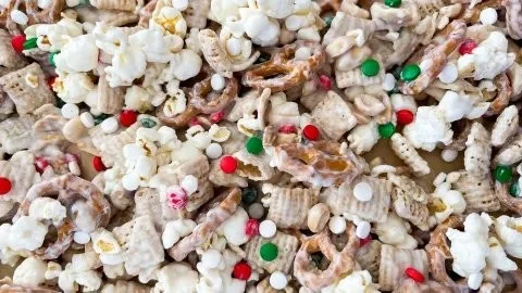 Delicious bowl of Gluten Free Reindeer Chow filled with holiday treats