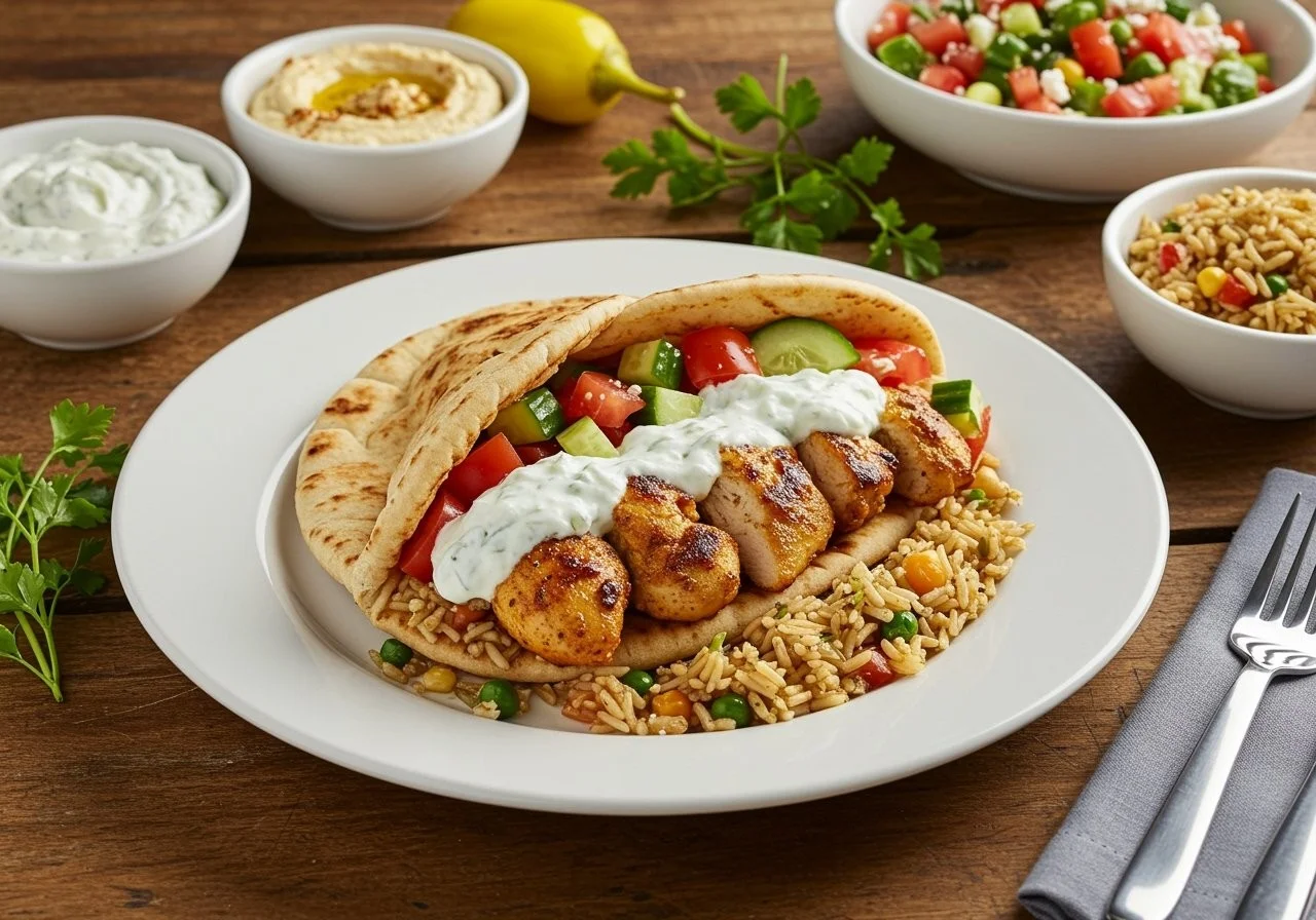 Mediterranean Chicken Gyros with creamy feta tzatziki sauce on a plate.