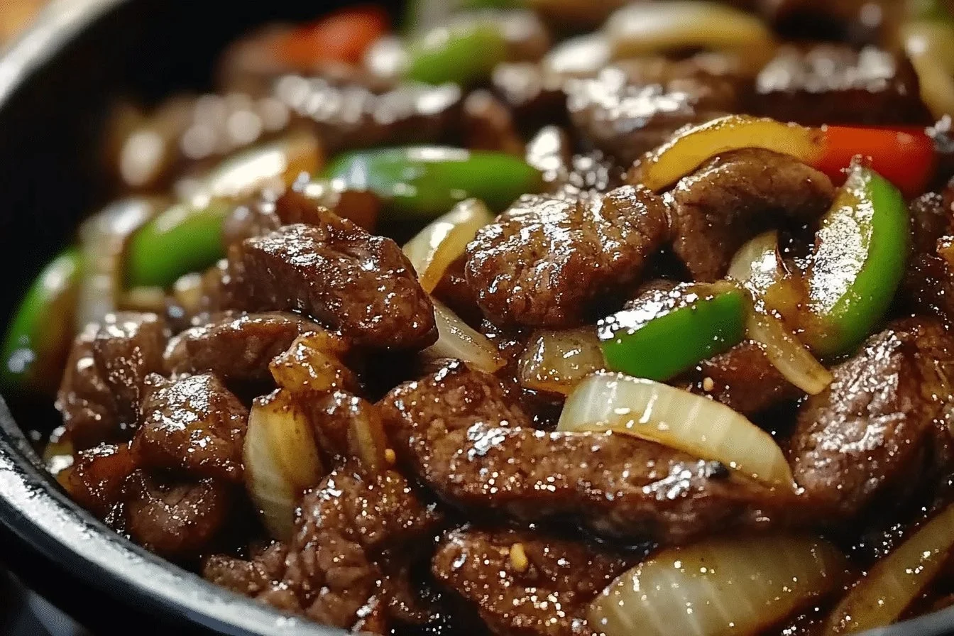 Delicious sizzling Chinese pepper steak with onions served on a plate