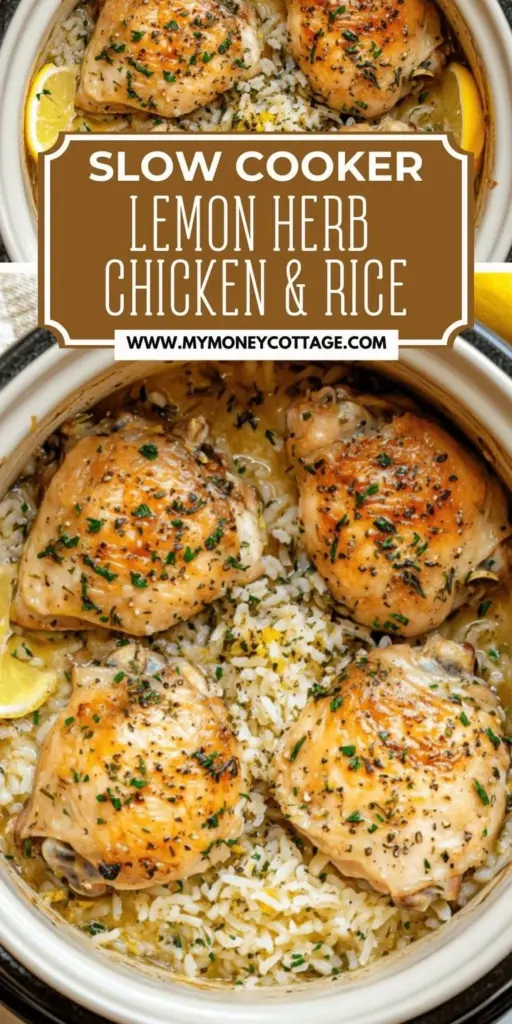 Slow cooker lemon herb chicken served with fluffy rice on a plate