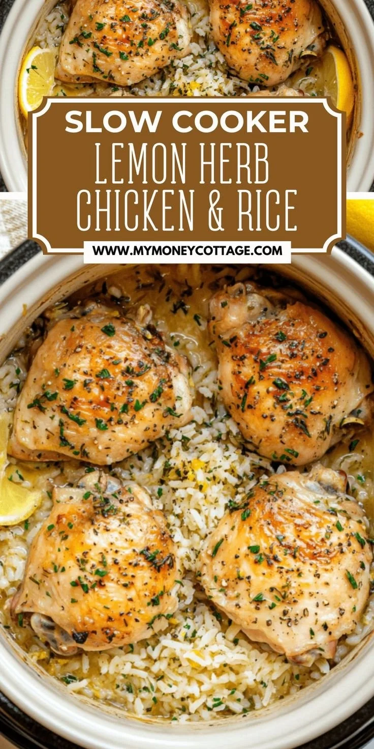 Slow cooker lemon herb chicken served with fluffy rice on a plate
