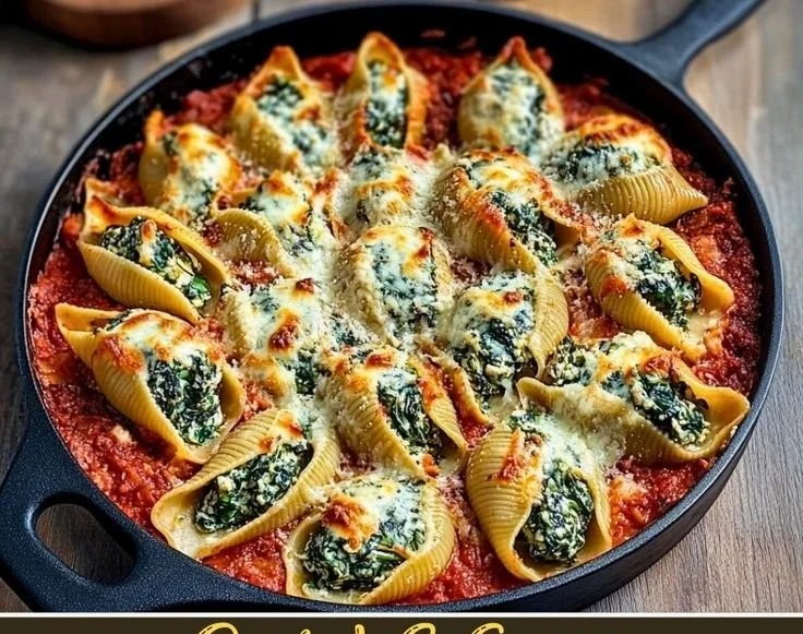 Delicious spinach and ricotta stuffed shells served with marinara sauce