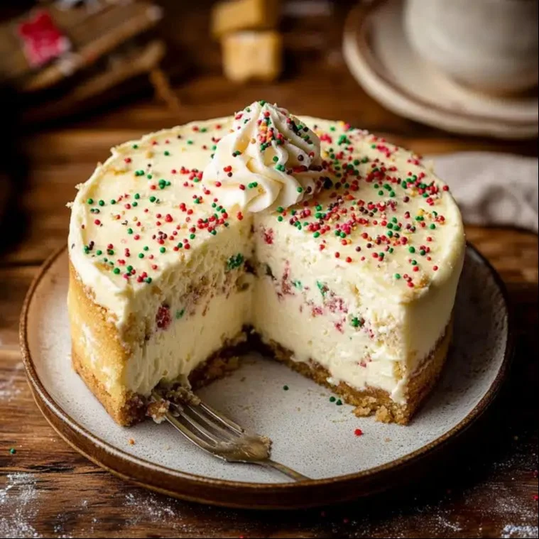 Delicious sugar cookie cheesecake topped with colorful sprinkles and served on a plate.