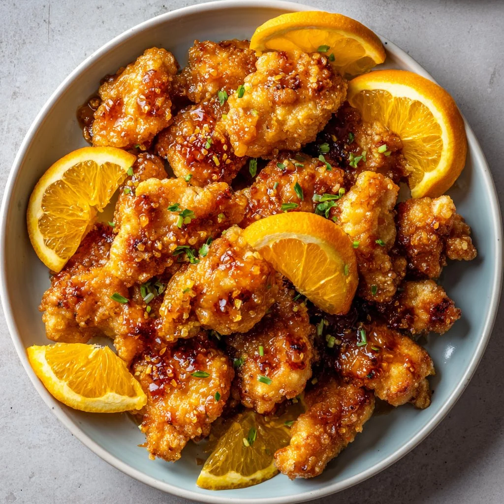 Delicious orange crispy chicken served on a plate with vibrant garnishes