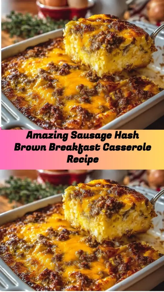 Sausage hash brown breakfast casserole baked in a dish, delicious and hearty meal.