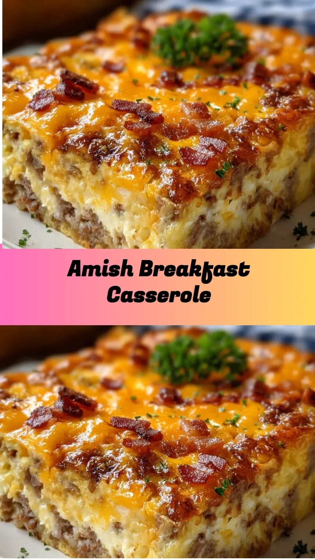 Amish breakfast casserole baked and ready to serve, featuring eggs and cheese.