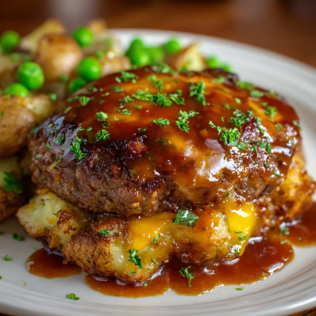 Amish-style Hamburger Steak Bake served with gravy and vegetables