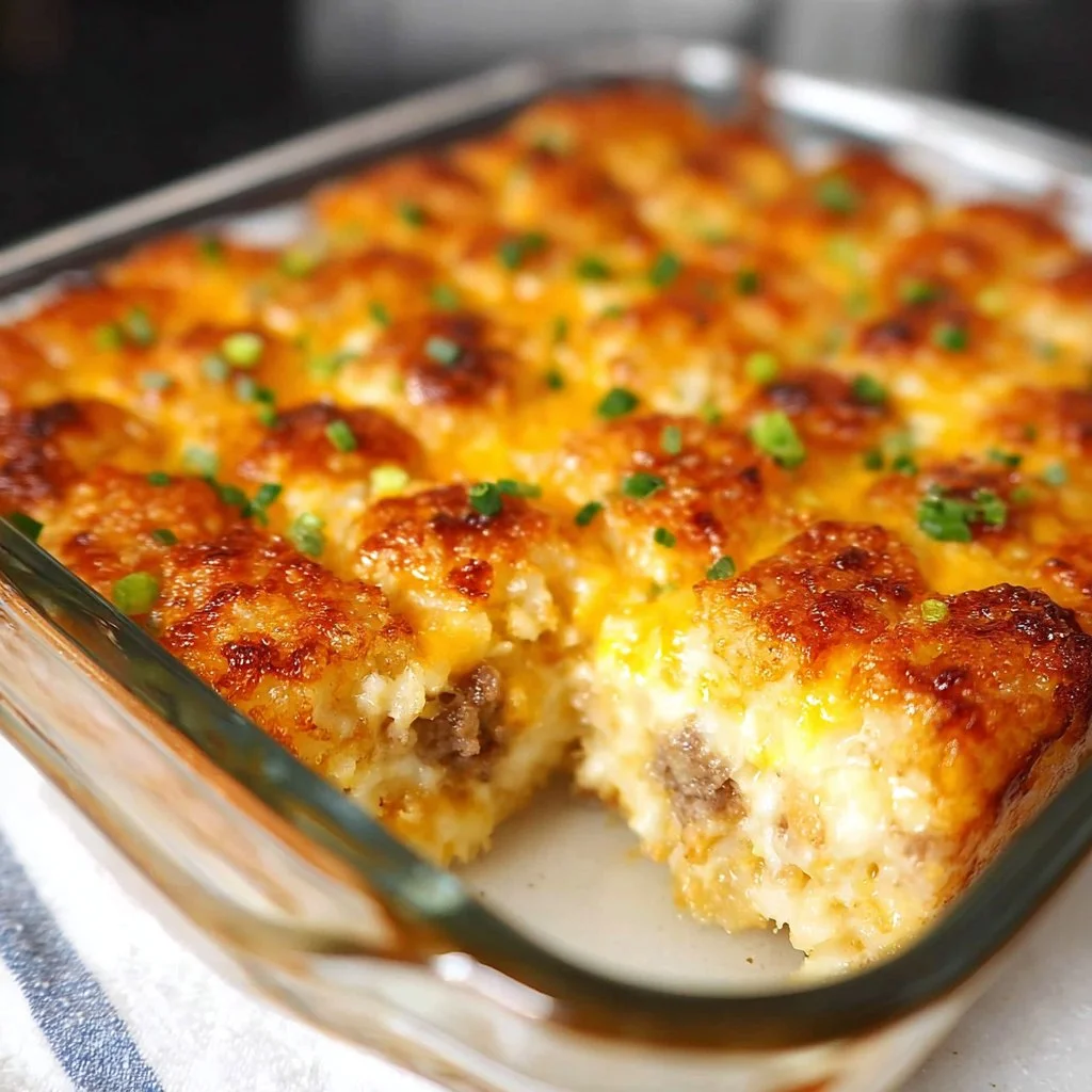 Flavorful Baked Tater Tot Breakfast Casserole served on a plate