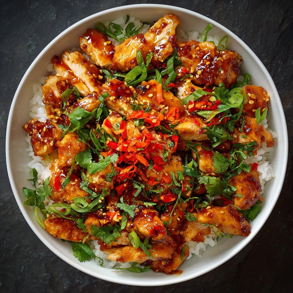 A vibrant Bang Bang Chicken Bowl topped with colorful ingredients.