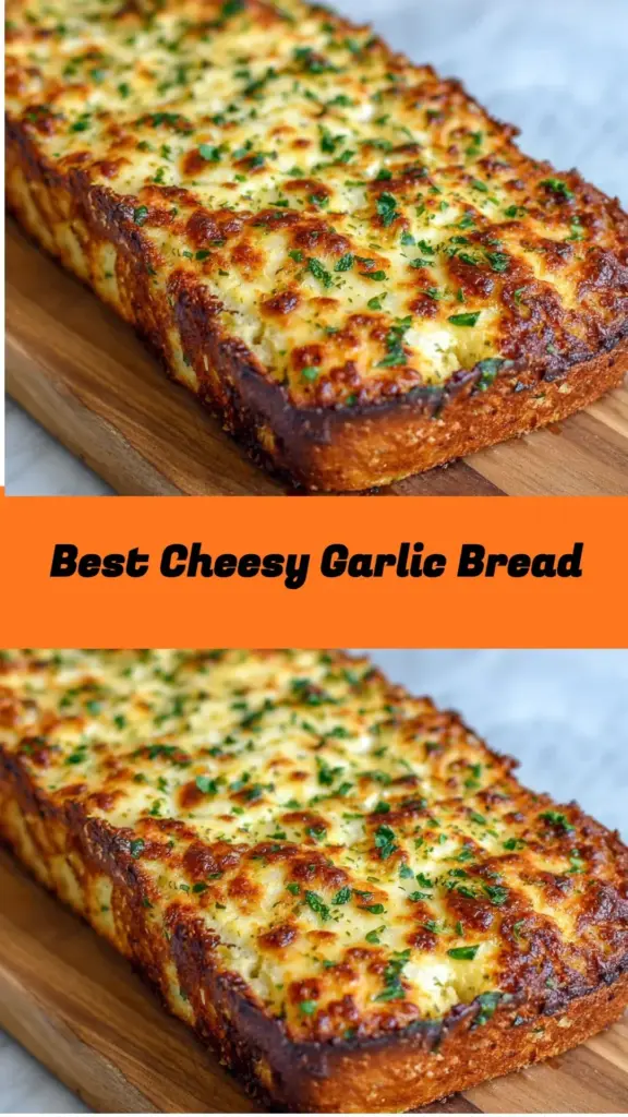 Delicious cheesy garlic bread served on a wooden board