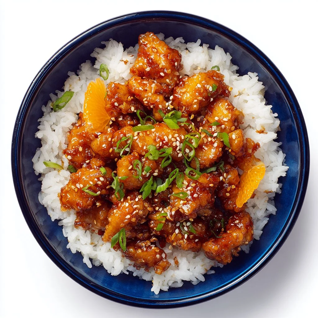 Delicious plate of Better-Than-Takeout Orange Chicken garnished with sesame seeds.