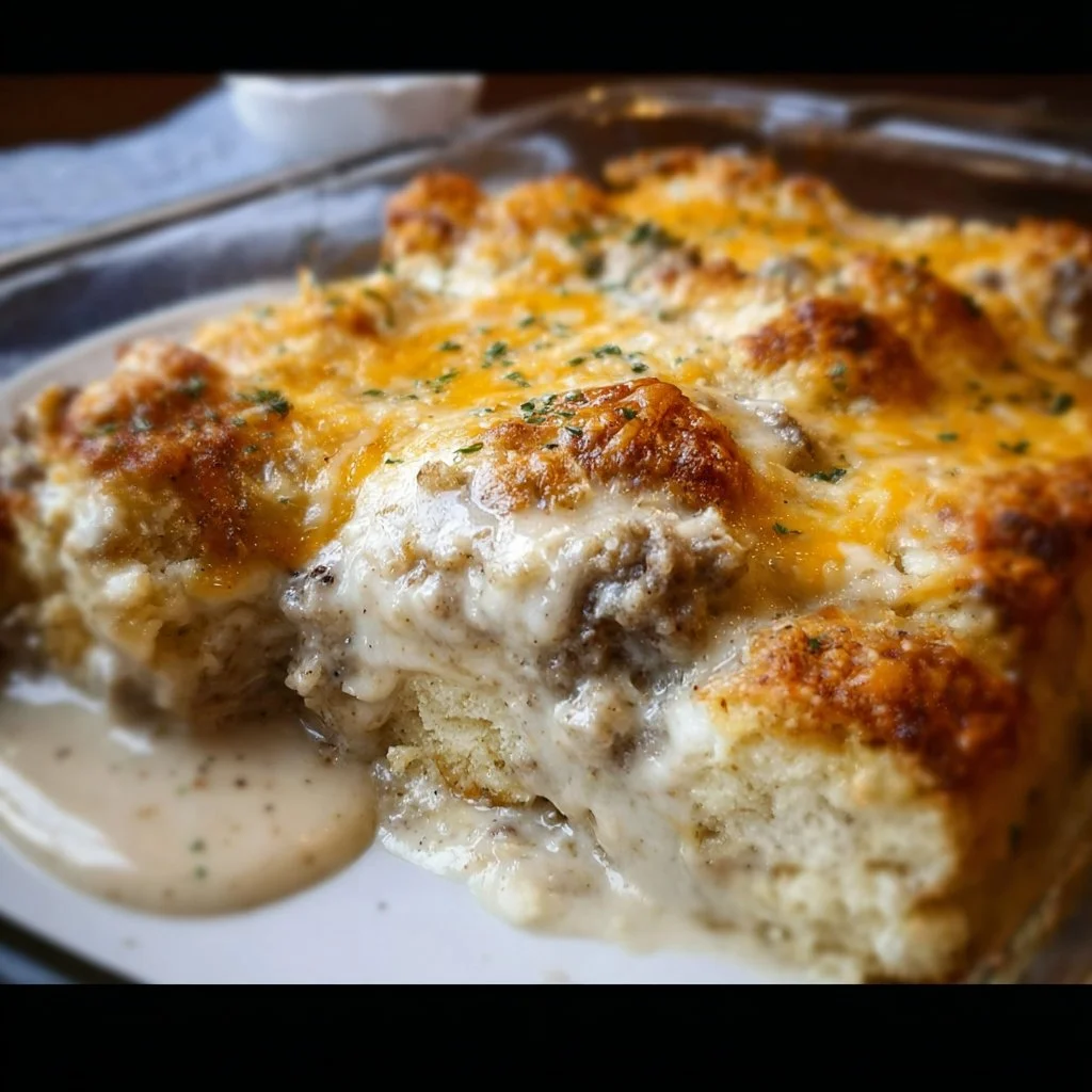 A delicious Biscuits and Gravy Breakfast Casserole served on a plate