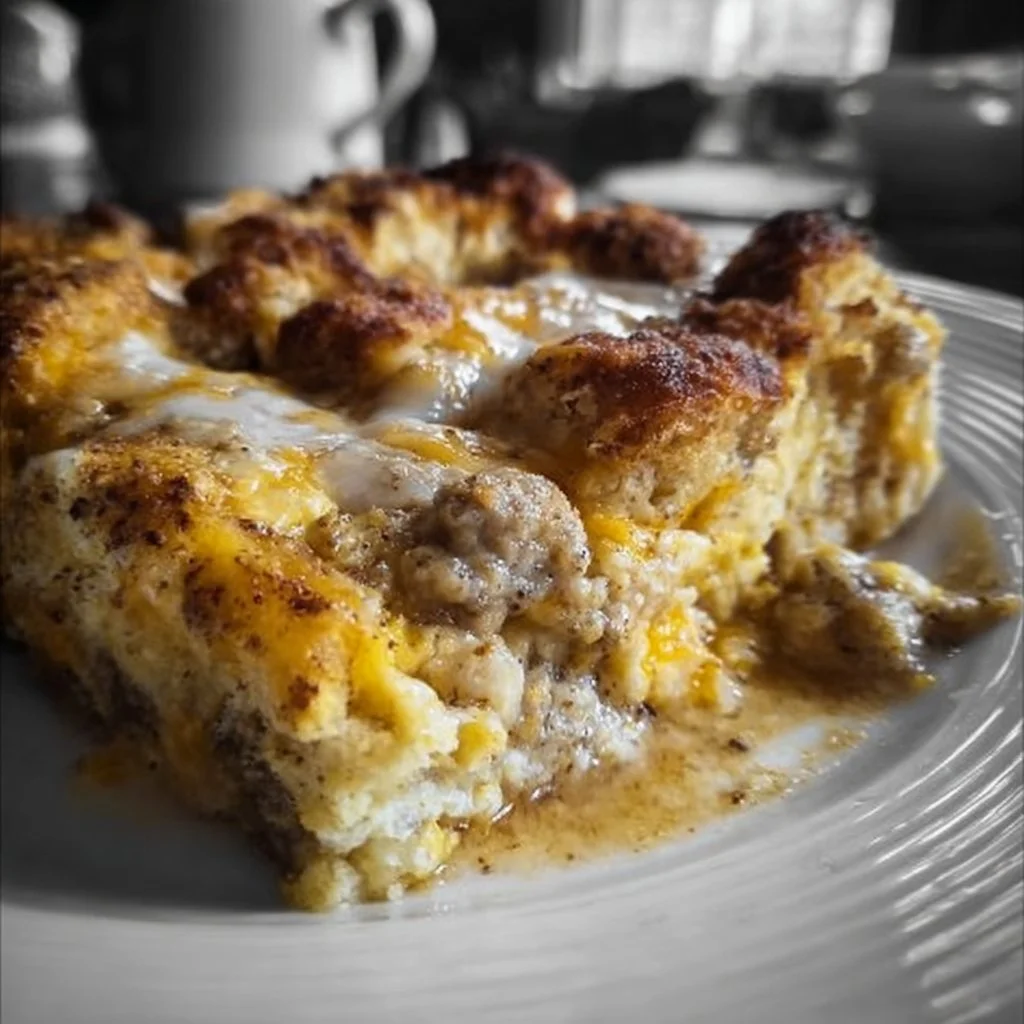 Delicious Biscuits and Gravy Breakfast Casserole served on a table