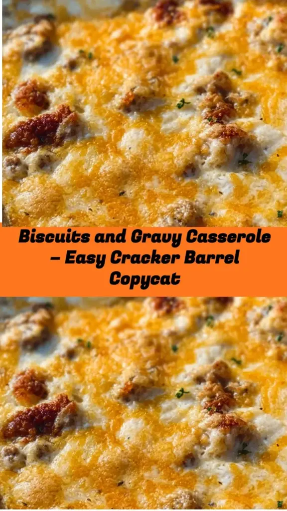 Cracker Barrel-style Biscuits and Gravy Casserole served on a plate