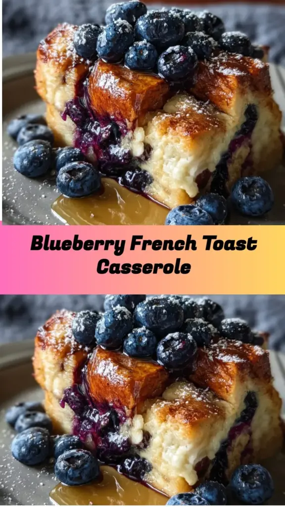 Delicious Blueberry French Toast Casserole served with syrup and fresh blueberries.