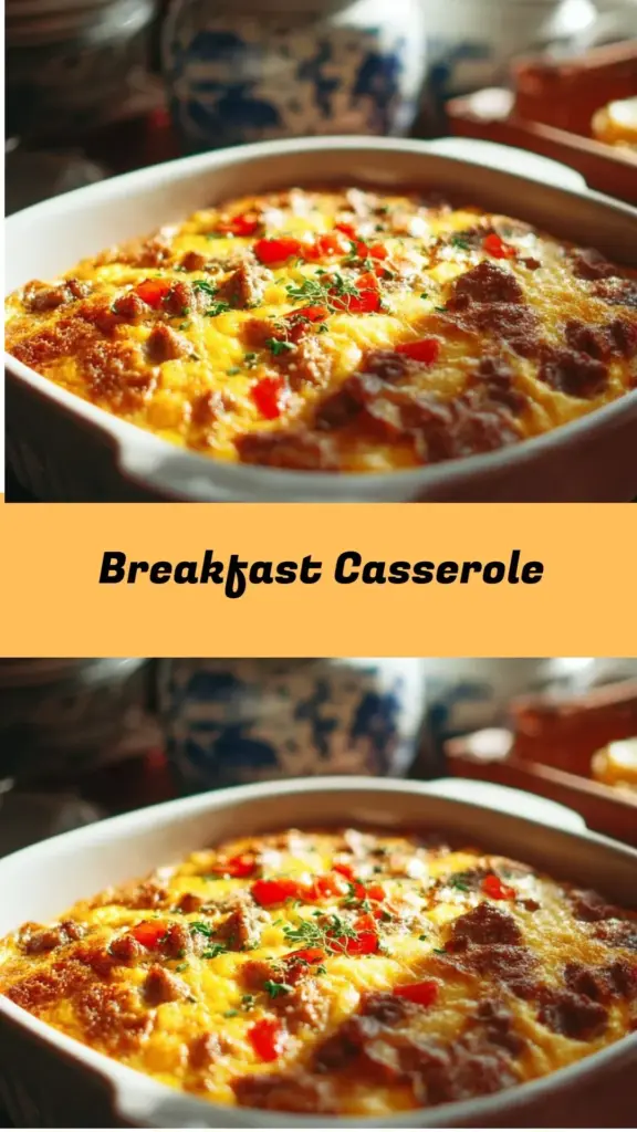 Delicious breakfast casserole dish topped with cheese and vegetables