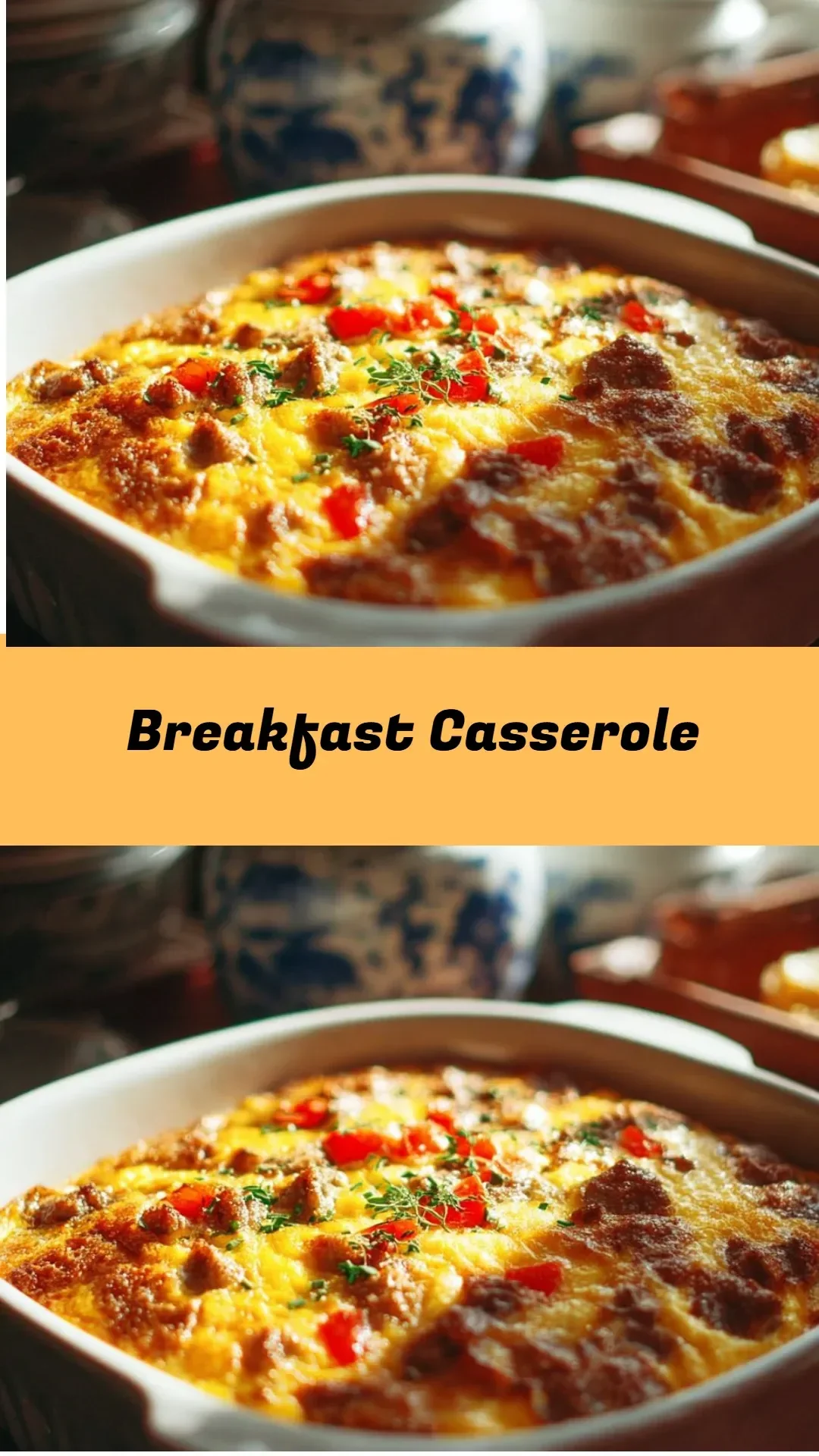 Delicious breakfast casserole dish topped with cheese and vegetables