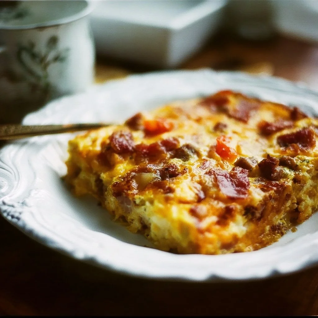 Delicious breakfast casserole with eggs, cheese, and vegetables in a baking dish.