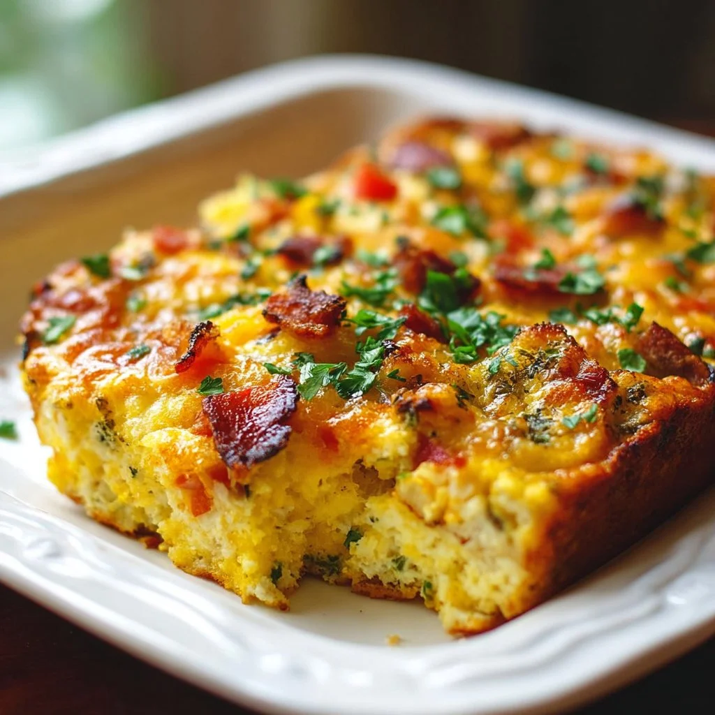 Delicious breakfast casserole topped with cheese and herbs, perfect for brunch