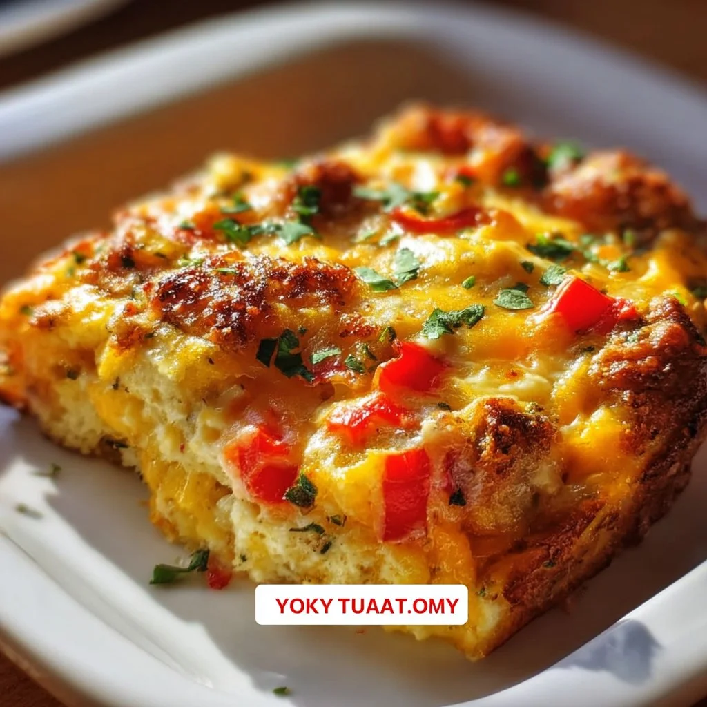 Delicious breakfast casserole served in a baking dish with fresh herbs on top.