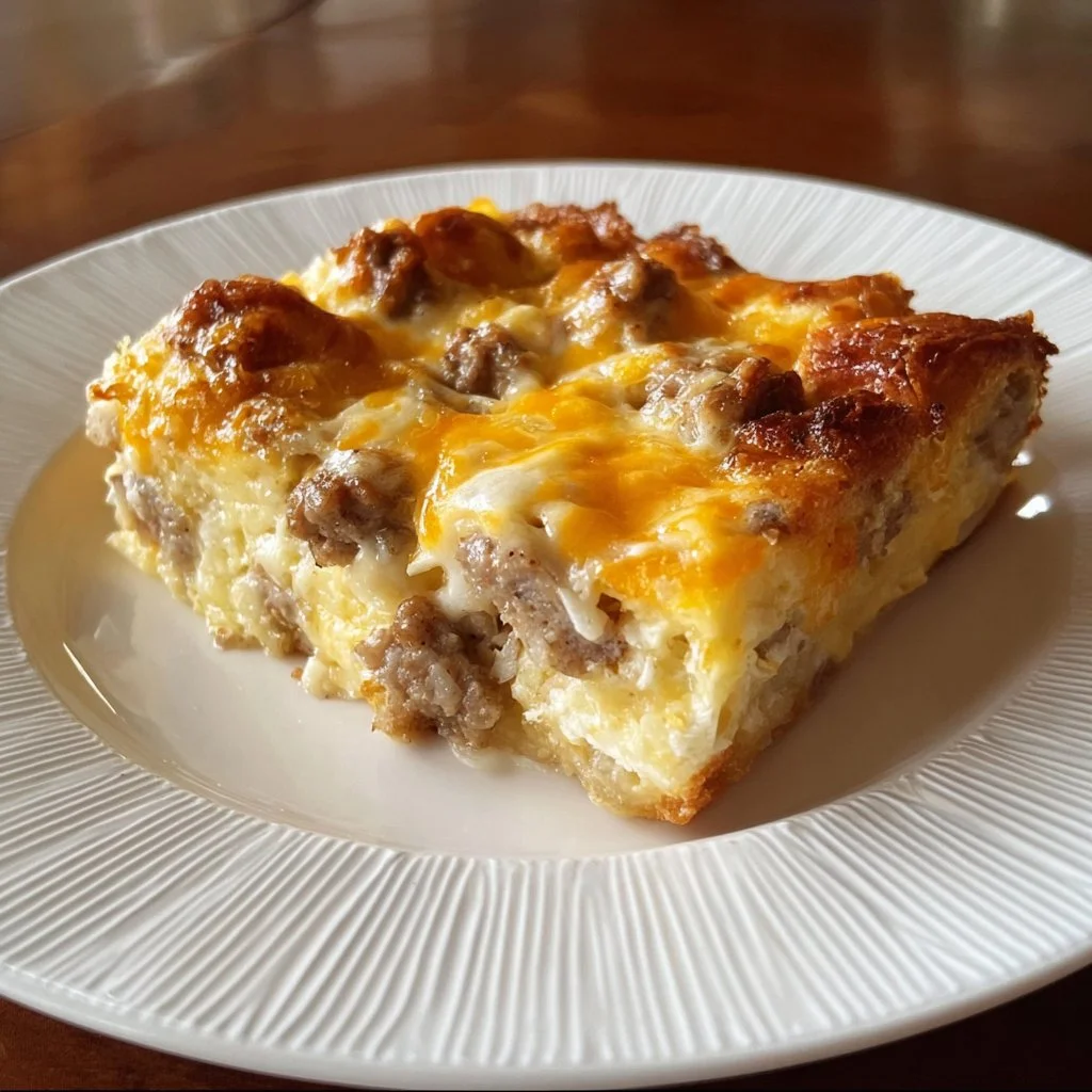 Delicious breakfast casserole with crescent rolls, sausage, eggs, and cheddar cheese.