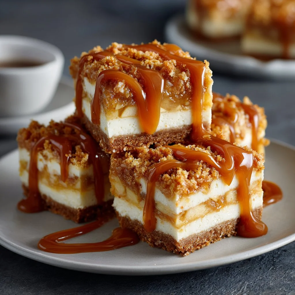 Delicious caramel apple cheesecake bars topped with caramel drizzle and apple slices.