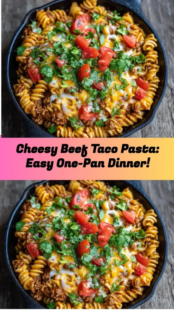 Cheesy beef taco pasta cooked in one pan, ready to serve with fresh toppings.