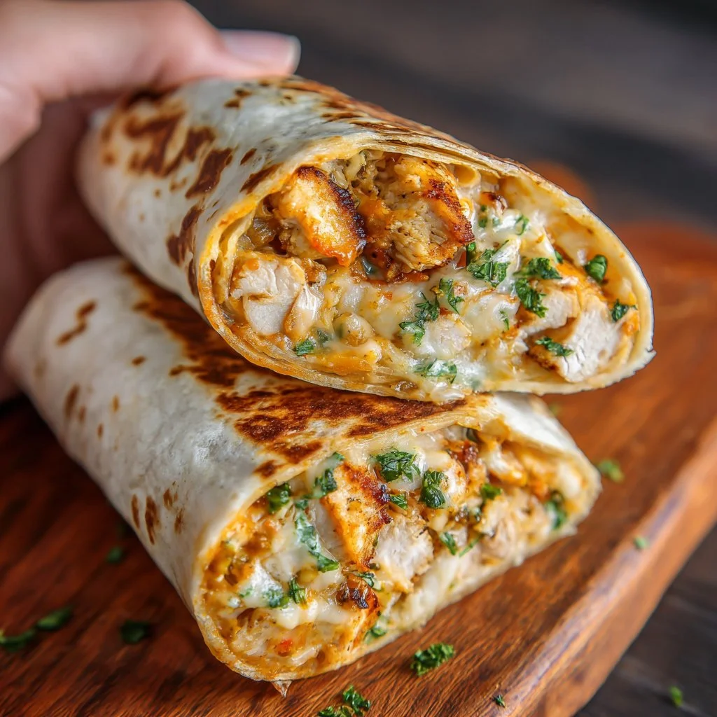 Cheesy garlic chicken wraps filled with tender chicken and melted cheese.