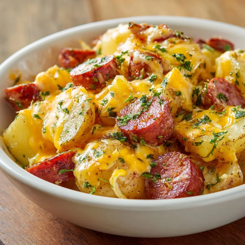 Cheesy ranch potatoes with smoked sausage served on a plate