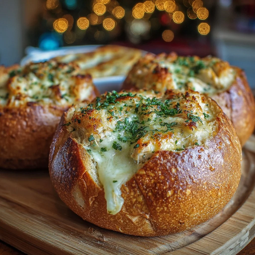 Chicken Alfredo served in garlic bread bowls garnished with parsley