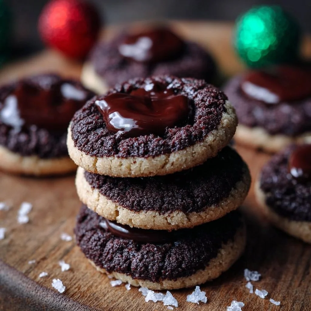 Delicious Chocolate Thumbprint Cookies with chocolate filling on a baking tray