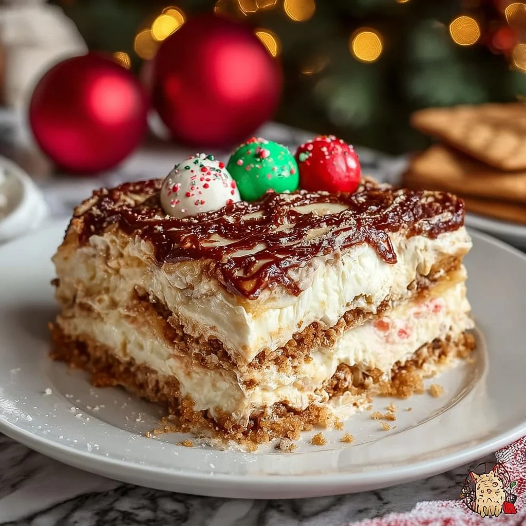Delicious Christmas dessert lasagna with layers of cream and festive toppings