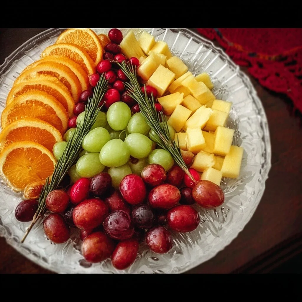 Beautifully arranged Christmas fruit platter with seasonal fruits and decorations.