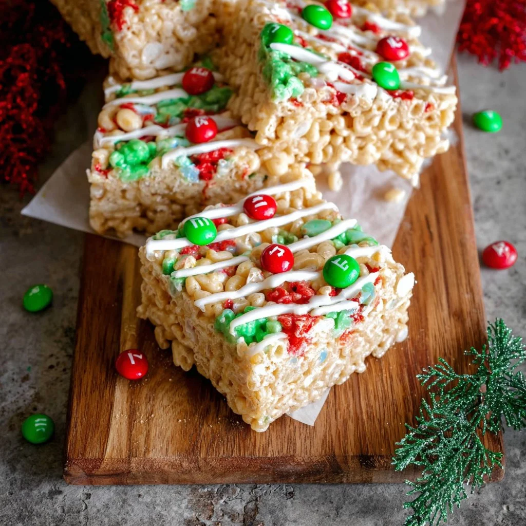 A tray of colorful Christmas Rice Krispie Treats decorated with festive sprinkles.
