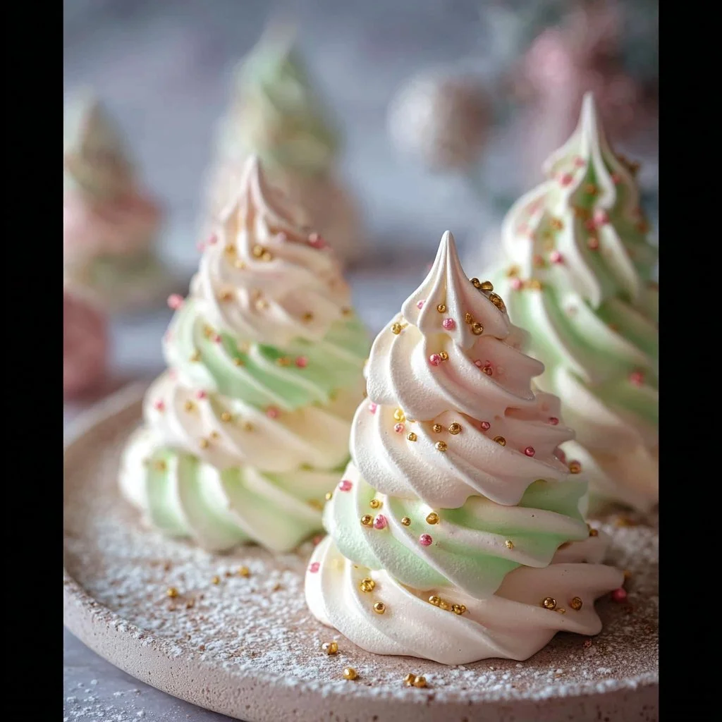 Festive Christmas tree meringues decorated with colorful icing on a plate